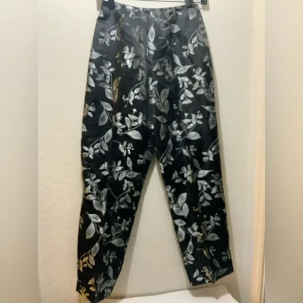 Sigrid Olsen Rayon Silk Parisian Pants Black Silver Florals 6